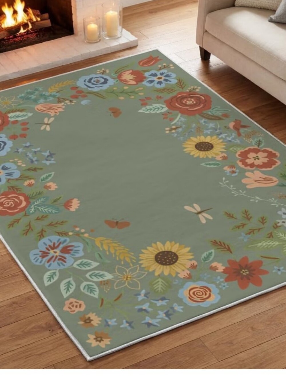Floral Border Area Rug in Sage Green with Multicolor Blooms